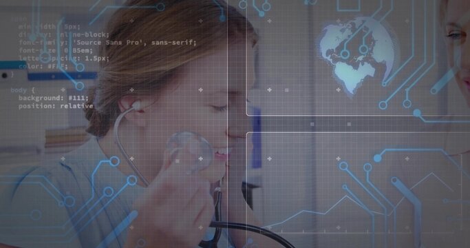 Holding stethoscope to ear, female doctor in lab coat listening in exam room with digital overlay