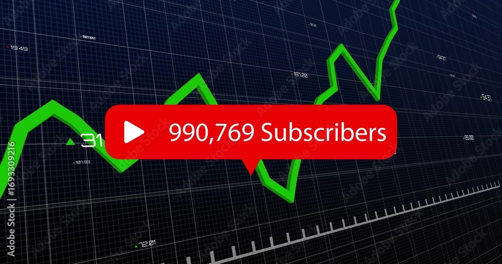 Aufkleber displaying red subscriber bubble with play icon showing 990,769 on grid with green chart and labels