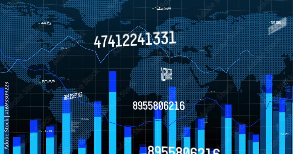 Poster Displaying dotted world map view showing bar graphs, line charts on display, with floating labels
