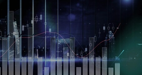 Projecting data overlay above nighttime city skyline, with bars, candlesticks, lines, labels