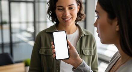 Two smiling women in an office share a smartphone with a blank screen.