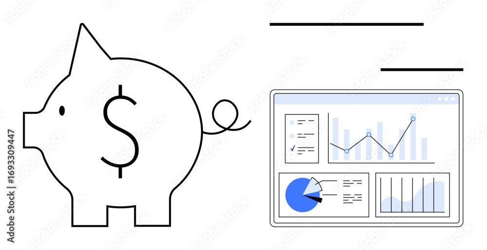 Leinwandbilder piggy bank with dollar sign next to data analytics dashboard displaying charts and graphs. ideal for