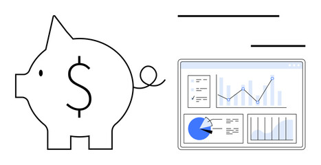 Piggy bank with dollar sign next to data analytics dashboard displaying charts and graphs. Ideal for finance, savings, investment, budgeting, statistics, economic growth, simple landing page