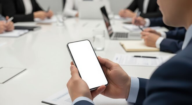 Businessman holding a blank smartphone screen during a corporate meeting with colleagues at a conference table.