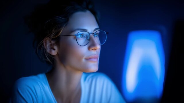 Focused Woman Working Late Night with Blue Light Screen