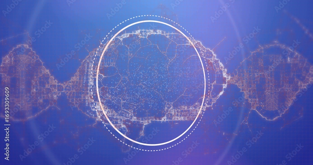 Poster showing white dotted circle overlay framing network-like lines on color gradient, with lens flares