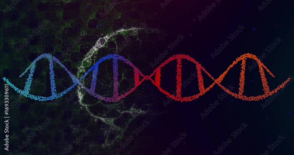 Poster flowing multicolored dna helix of dot particles shifting on abstract background, with mesh overlay