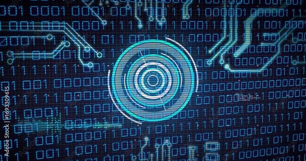 Aufkleber scanning central circular target on virtual security interface, with binary streams and neon traces