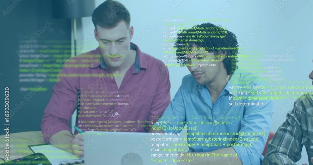 Poster collaborating men reviewing code on silver laptop in conference room, with floating code blocks