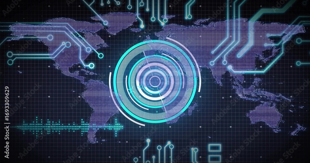 Aufkleber displaying holographic circular hud on screen with world map, neon circuits and floating data