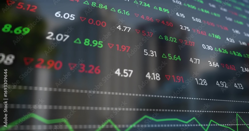 Poster digital trading screen displaying prices and line graph at desk, highlighting green-red triangles