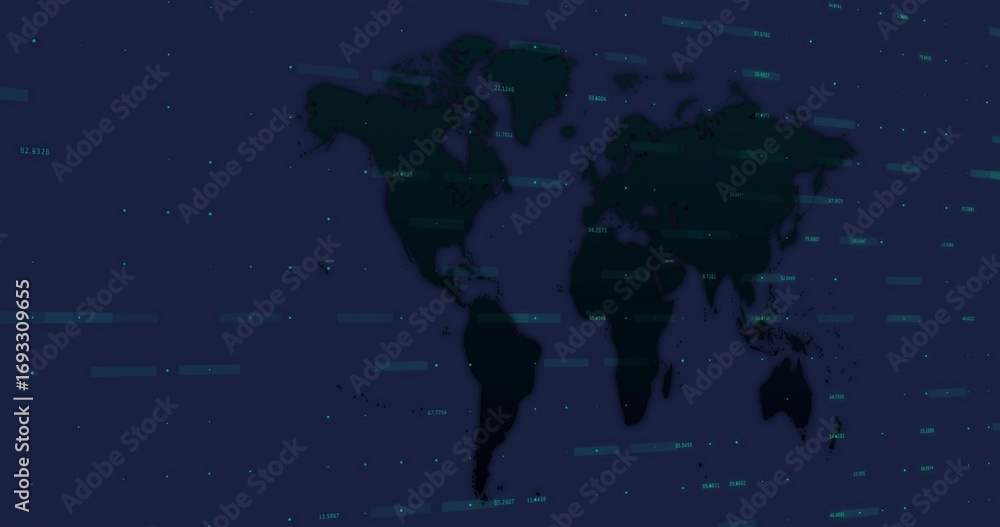 Aufkleber displaying navy world map silhouette in dashboard, with cyan data blocks and coordinate strings