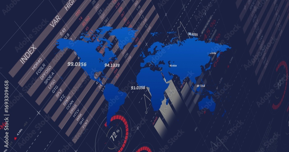Aufkleber displaying stylized blue world map with data points on computer display, with bar and gauge charts