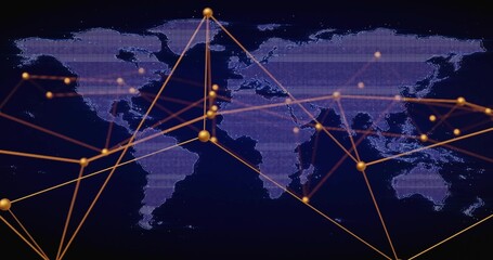 Rendering pixelated world map showing network lines on navy backdrop, glowing gold nodes, data bars