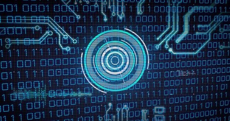 Scanning central circular target on virtual security interface, with binary streams and neon traces
