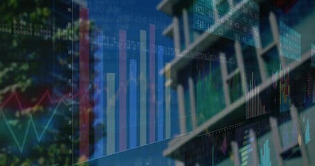 Displaying holographic bar charts and line graphs at street level, with office facade, green trees