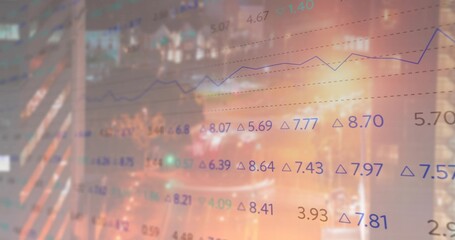 Displaying line chart showing numeric data and arrows on grid lines through nighttime city window