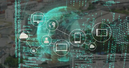 Displaying overlay covering rooftops with globe showing code streams, cloud, padlock and devices
