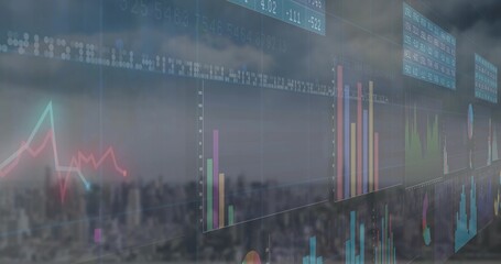 Showing financial bar, line and pie charts with scrolling numeric tickers over blurred city skyline