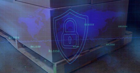 Highlighting gray shipping box sitting on pallet in warehouse, with digital shield icon