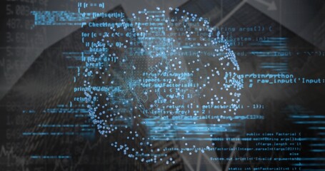 Pulsating glowing data point cluster forming sphere in digital network, with floating code snippets