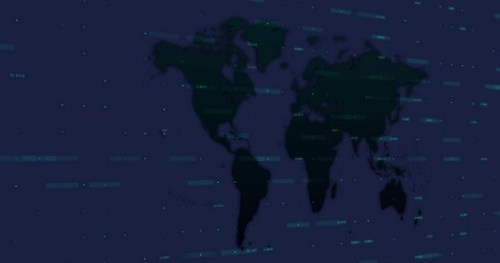 Displaying navy world map silhouette in dashboard, with cyan data blocks and coordinate strings