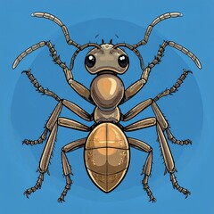 Detailed illustration of an ant, light brown and gray, against a light blue background