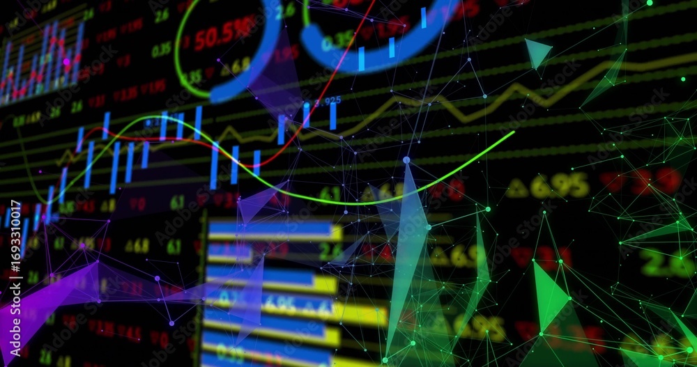 Poster animating market mesh on interface, candlestick, line and bar charts and gauges, numeric labels