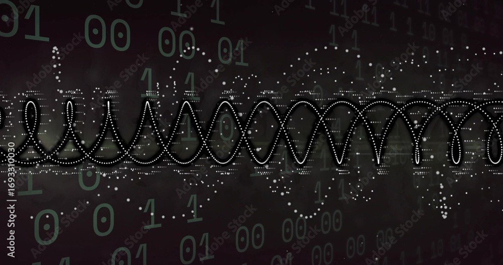 Poster flowing white dotted waveform across digital field, with white data blocks and green binary digits