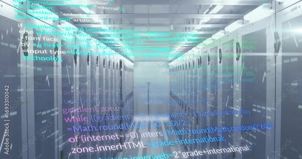 Aufkleber stretching corridor between server cabinets inside data center with blinking leds and code overlay