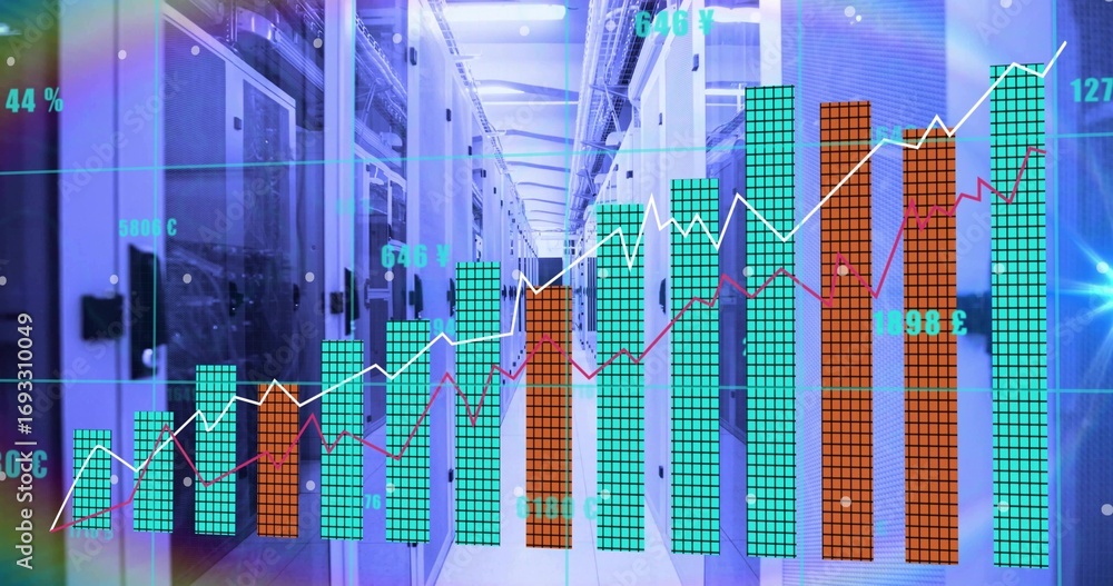 Poster central server aisle displaying digital graphs in data center corridor, with racks and lighting