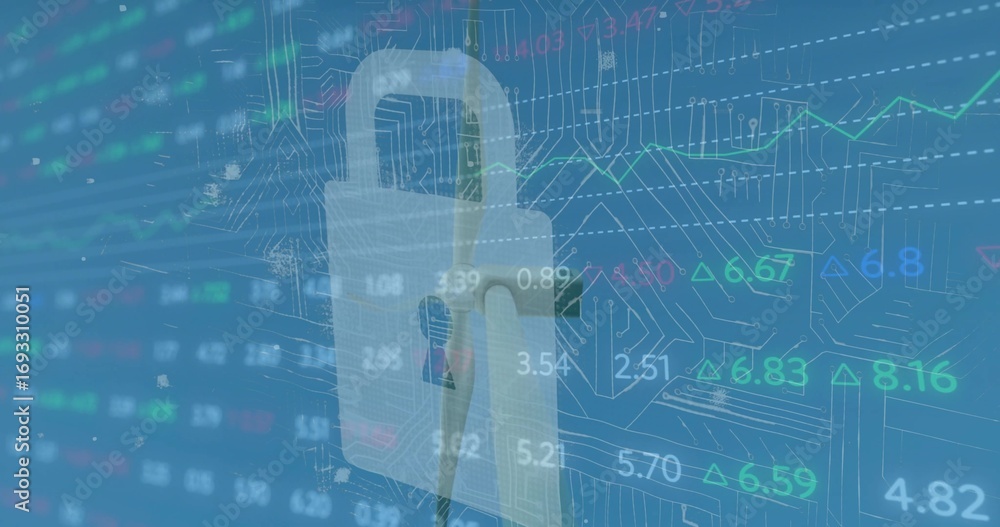 Aufkleber floating 3d padlock icon hovering over blue interface, with circuit graphics and stock ticker data