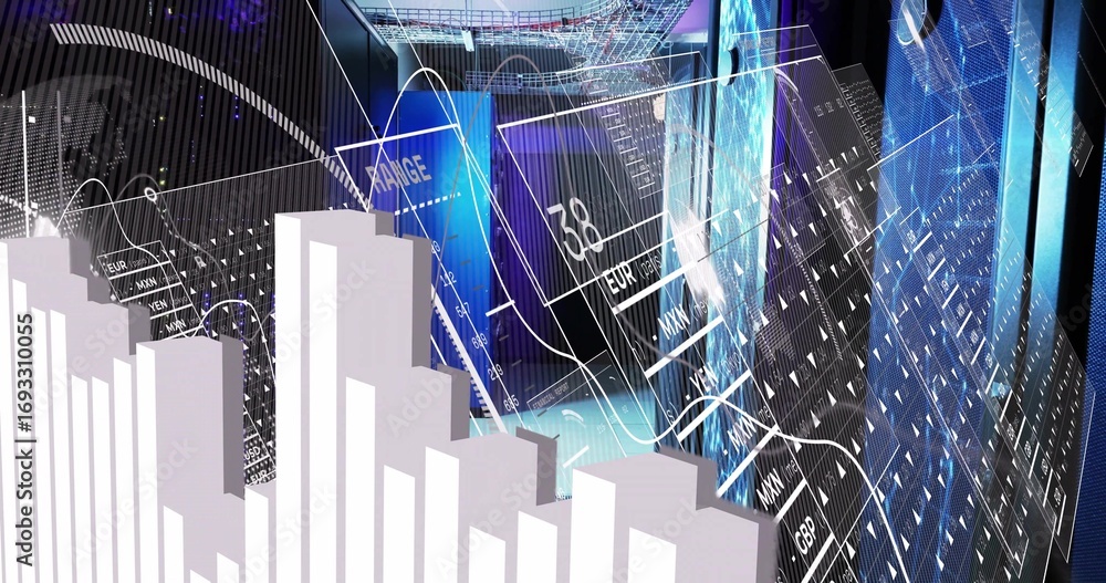 Poster displaying 3d bar chart showing currency exchange rates in virtual trading dashboard, copy space