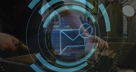 Hammering adult blacksmith shaping glowing horseshoe on anvil in workshop, with holographic rings