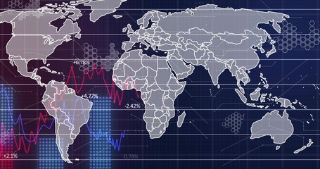 Displaying world map showing trends on hex-grid dashboard, with red-blue lines and percent labels