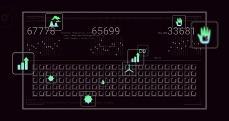 Displaying schematic keyboard showing floating metrics with line graphs, green icons dark interface
