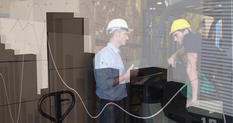 Two men in hardhats inspecting tablet and discussing stock in warehouse, with forklift