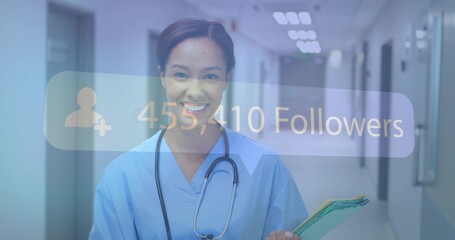 Smiling nurse wearing stethoscope holding patient folders in hospital, overlaying 455,410 followers