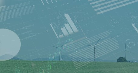Rotating white wind turbines across grassy field, with transparent data overlays