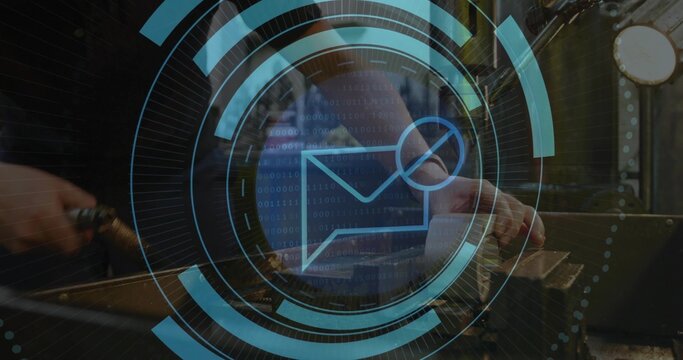 Hammering adult blacksmith shaping glowing horseshoe on anvil in workshop, with holographic rings