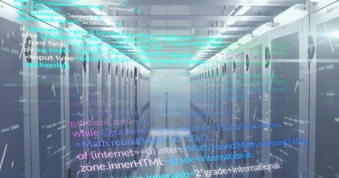 Stretching corridor between server cabinets inside data center with blinking LEDs and code overlay - Powered by Adobe