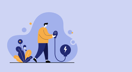Illustration of a man charging an electric vehicle, representing sustainable energy, future transportation, and an eco-friendly lifestyle.
