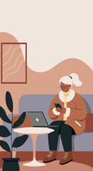 Elderly woman uses smartphone and laptop, embracing modern technology for communication and remote work in a comfortable home setting. Digital lifestyle for seniors.