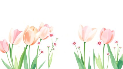 Fototapeta premium Soft pink tulips and delicate flowers on a white background