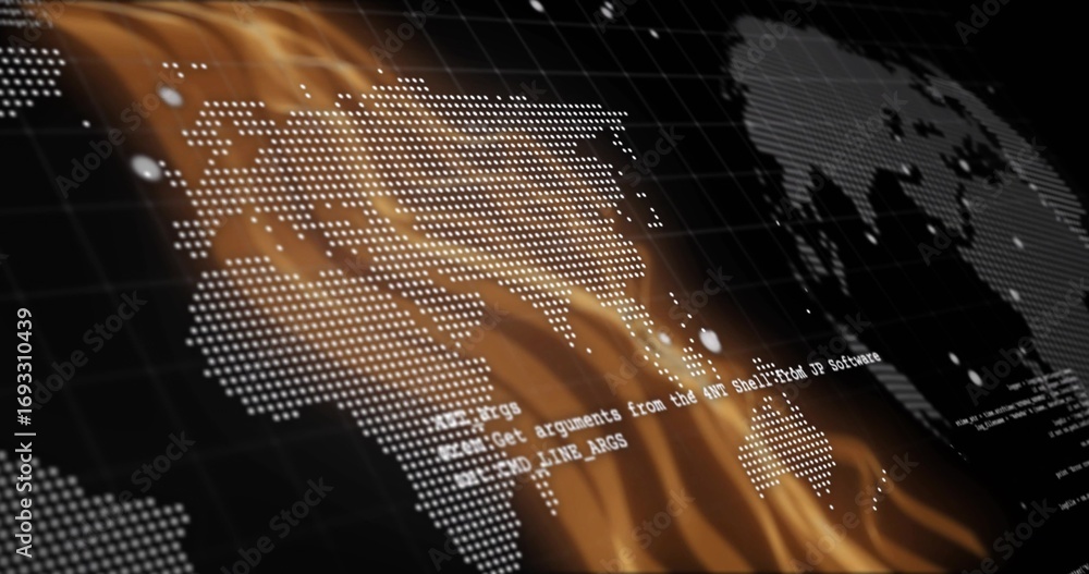 Aufkleber sweeping stylized dotted world map displaying flame effect overlay on dark grid, with floating code