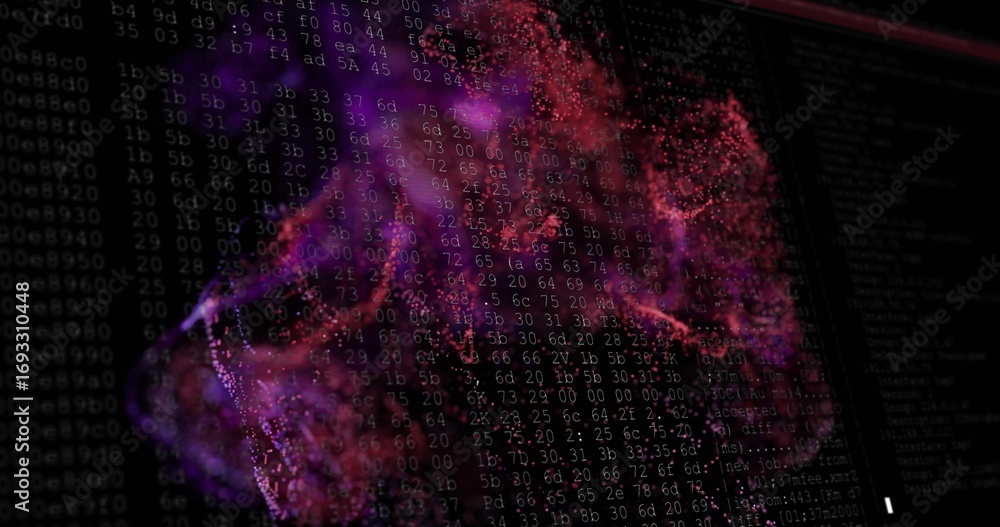 Poster swirling data particles forming nebula shapes over console interface, with hexadecimal code columns