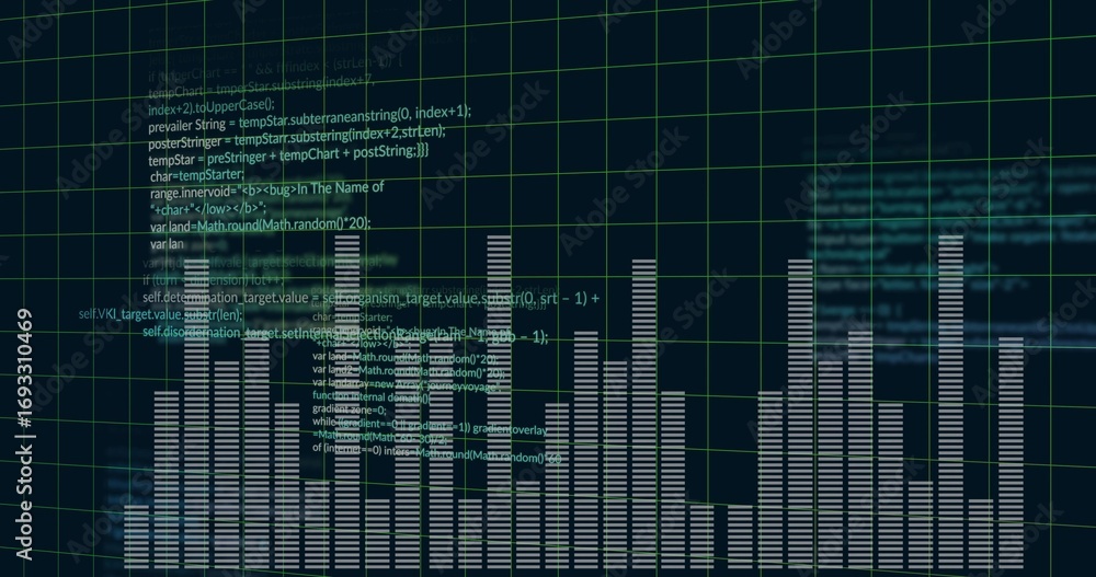 Poster spectrum bars and semi-transparent code blocks pulsating on dashboard with green grid overlay