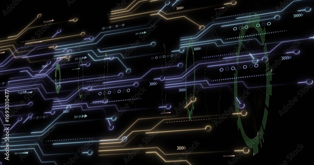 Aufkleber pulsing abstract neon circuit lines branching across virtual interface, with nodes and arrows