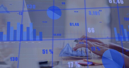 Typing data analyst's hands pressing laptop keys at wooden desk, with analytics dashboard overlay