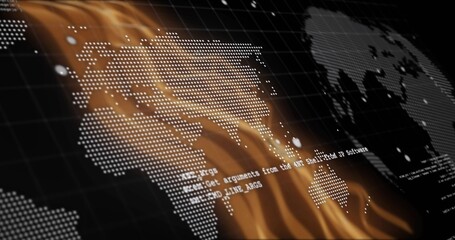 Sweeping stylized dotted world map displaying flame effect overlay on dark grid, with floating code